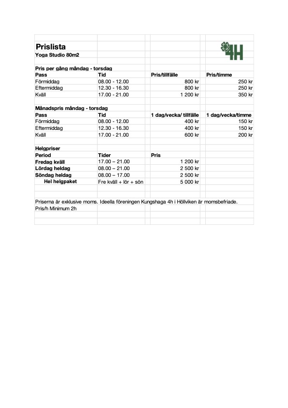 Prislista Yoga Studio Kungshaga 4H